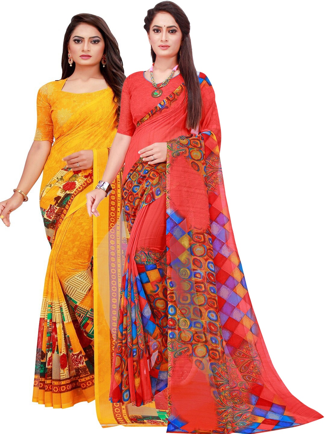 

KALINI Red & Yellow Printed Pure Georgette Saree Pack Of 2