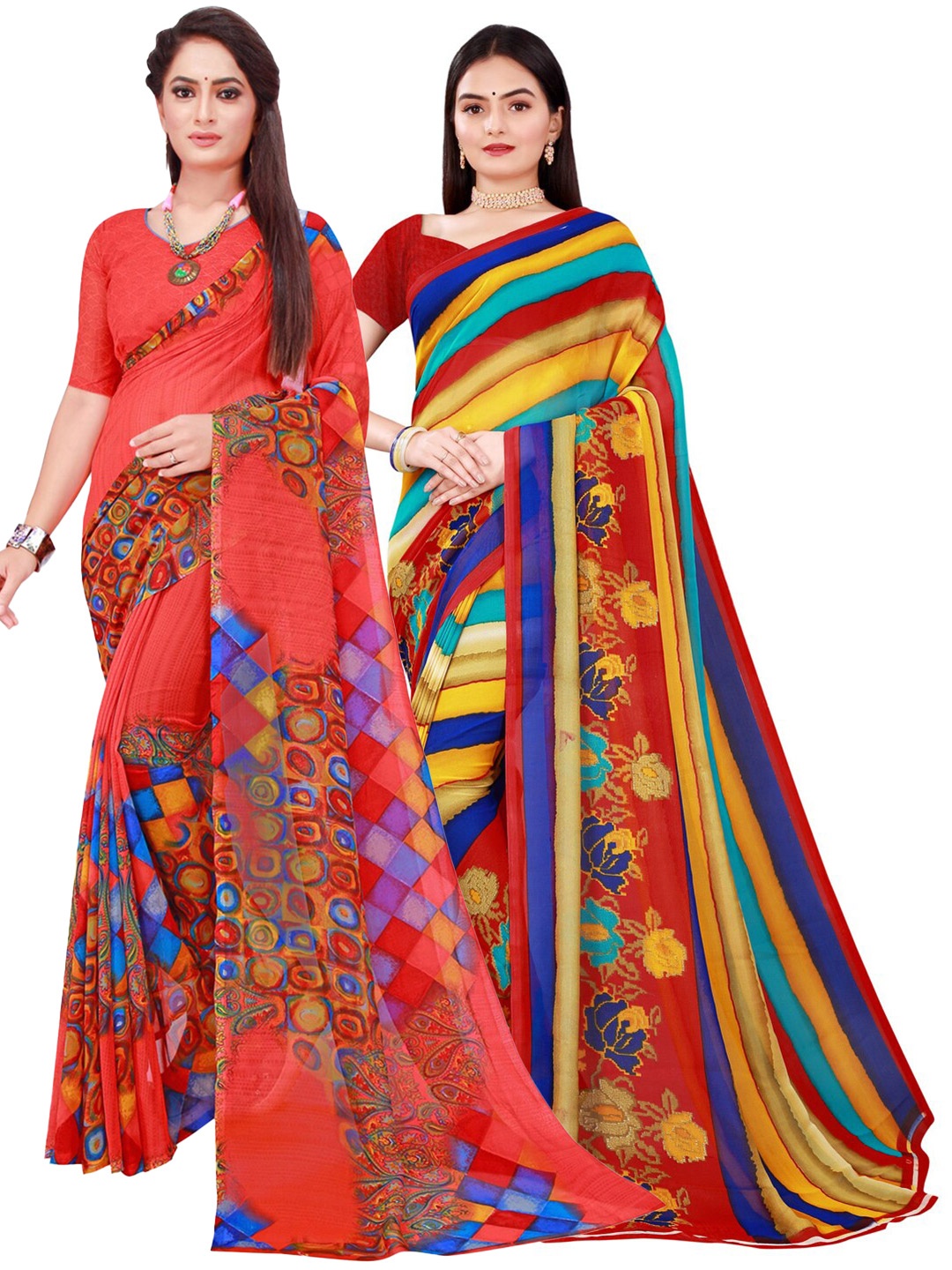 

KALINI Pink & Blue Set Of 2 Floral Pure Georgette Saree