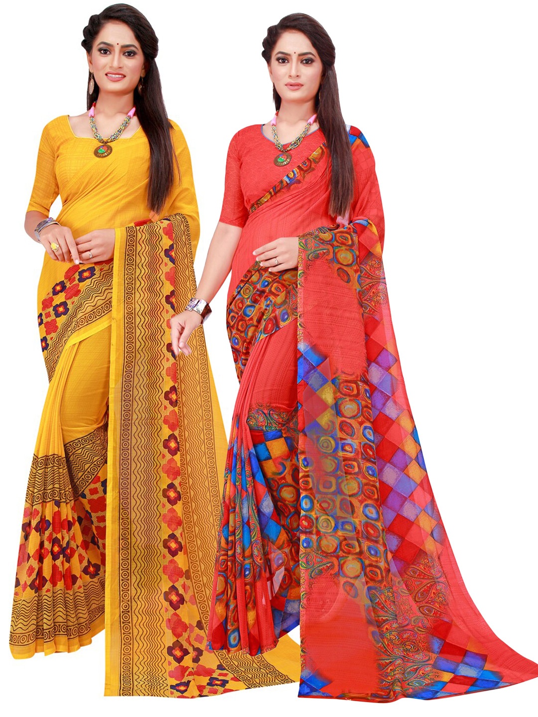 

KALINI Yellow & Red Set of 2 Floral Printed Georgette saree