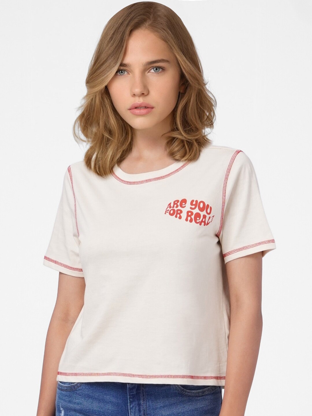 

ONLY Women Beige & Red Typography T-shirt