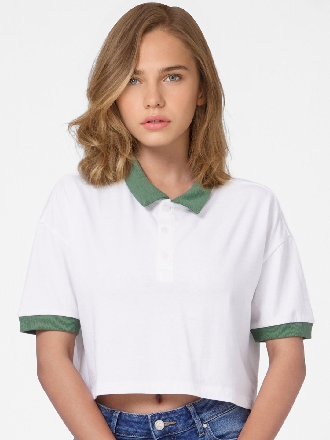 

ONLY Women White & Olive Green Polo Collar T-shirt