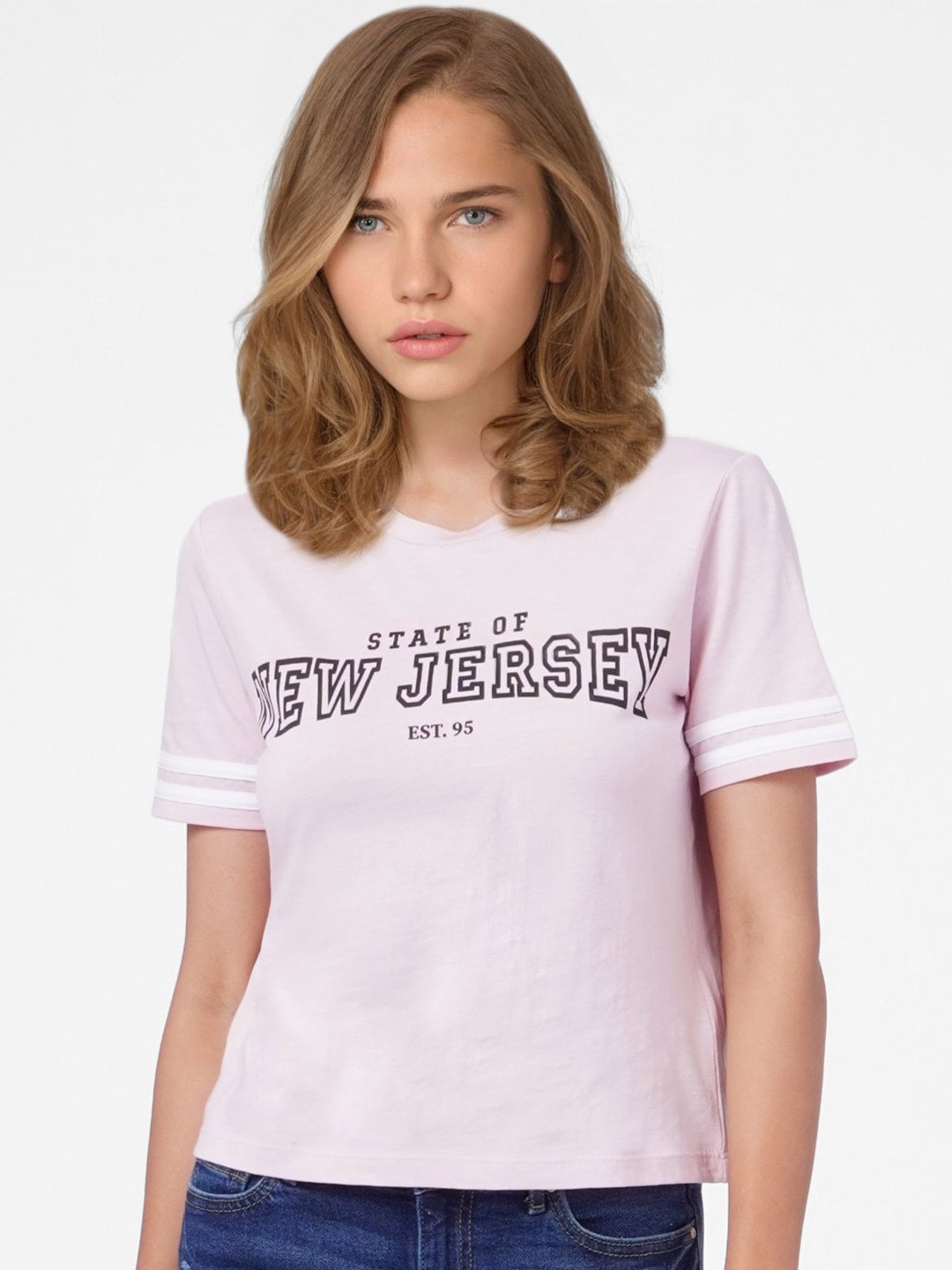 

ONLY Women Pink Typography Cotton Knitted T-shirt
