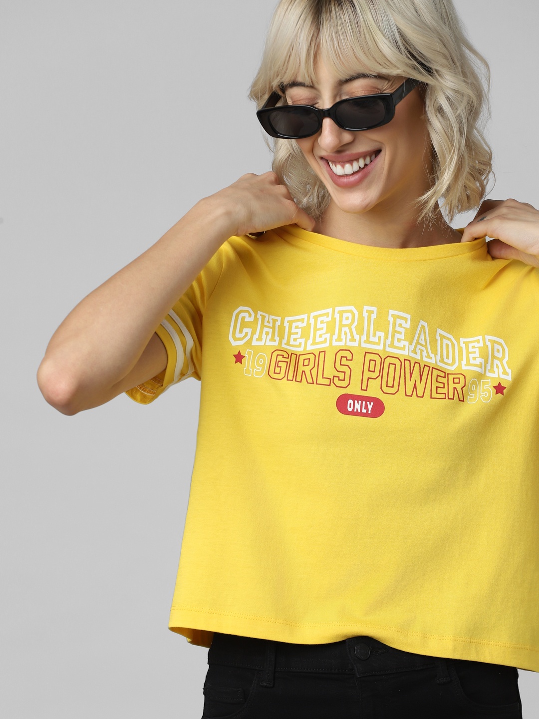 ONLY Women Yellow & White Typography Printed T-shirt