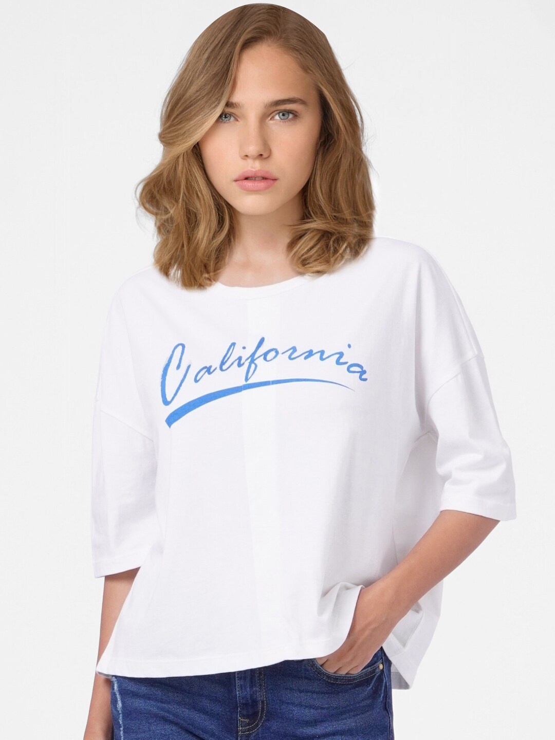 

ONLY Women White & Blue Typography Printed Drop-Shoulder Sleeves T-shirt