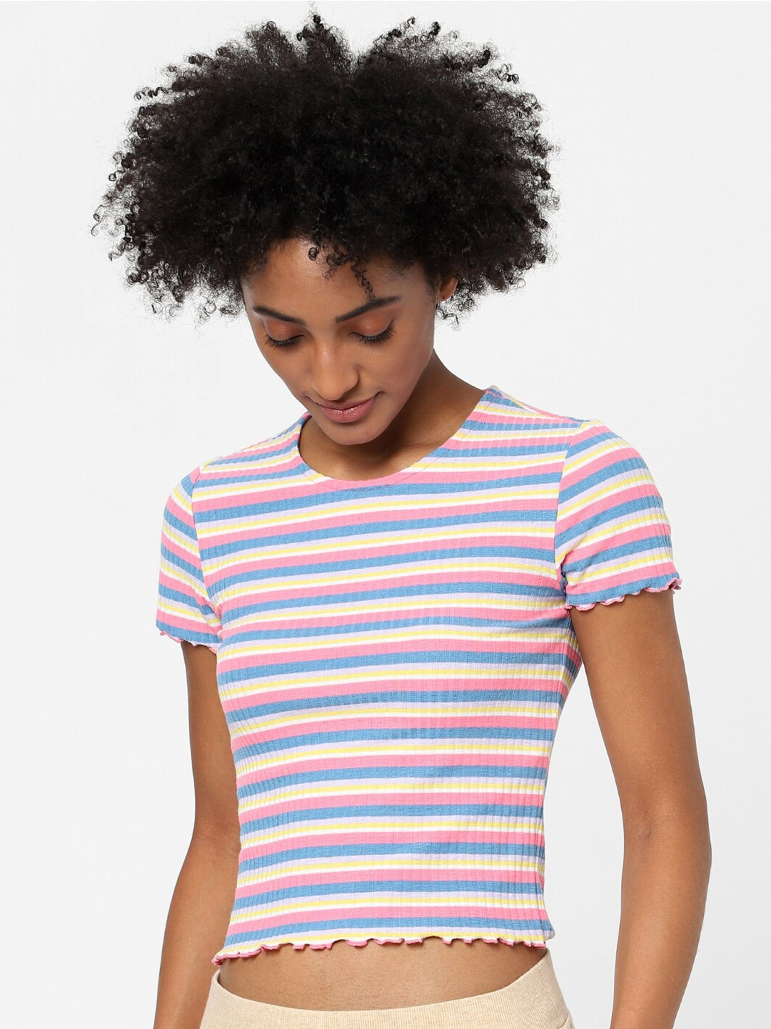 

ONLY Women Pink & Blue Striped Slim Fit Cotton Knitted T-shirt