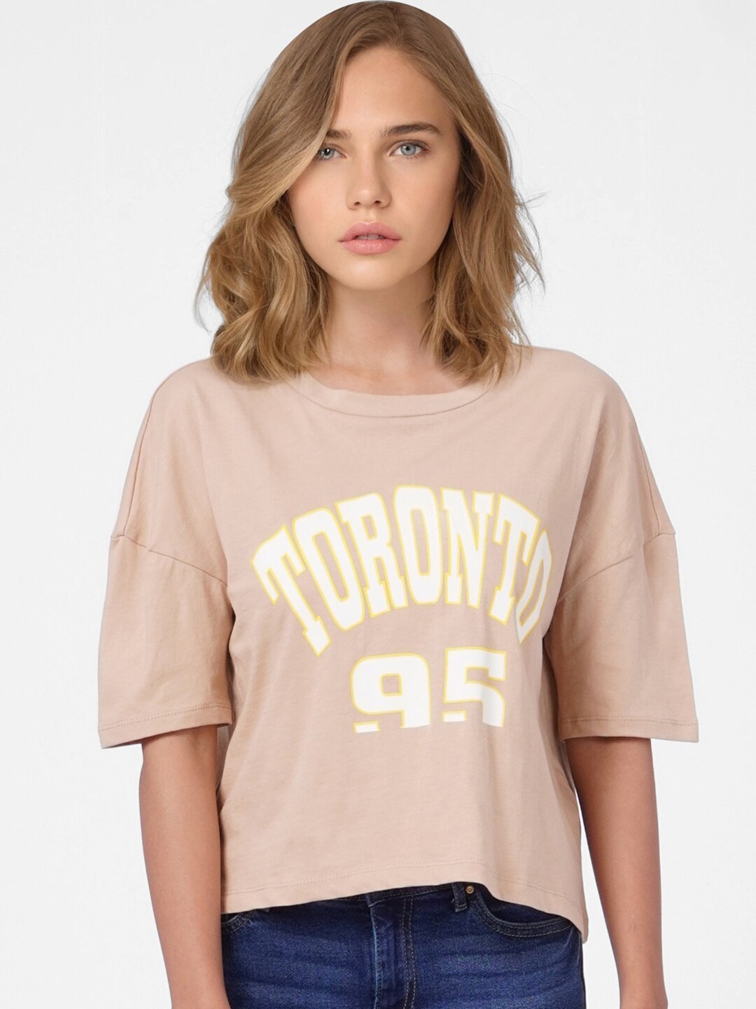

ONLY Women Beige Printed V-Neck T-shirt