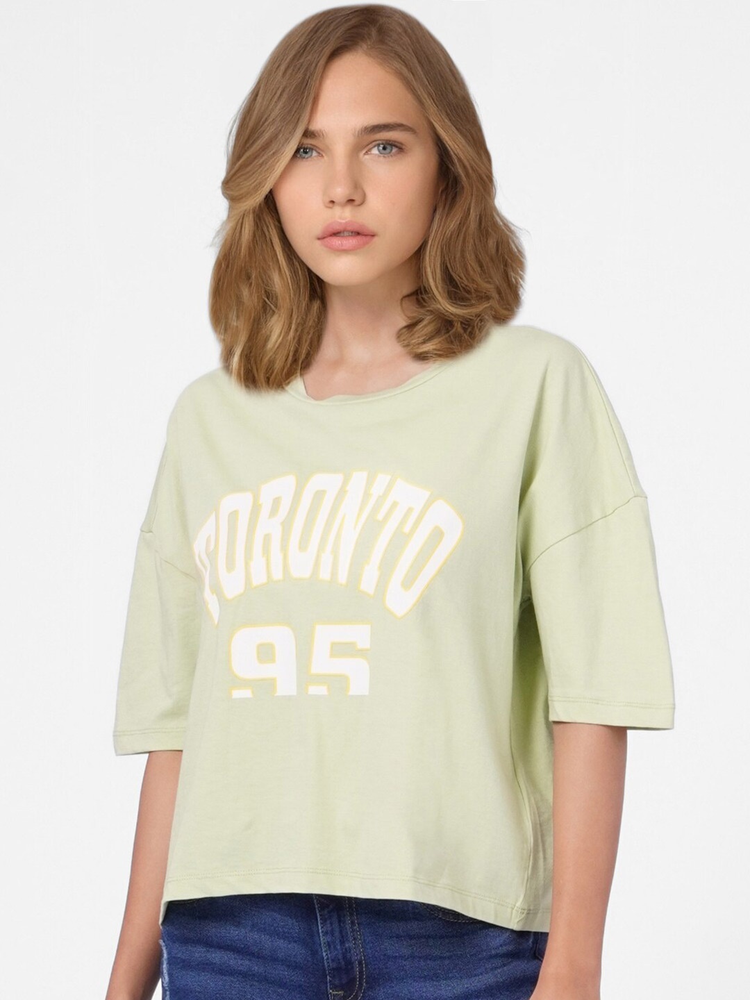

ONLY Women Green & White Typography Printed Drop-Shoulder Sleeves T-shirt