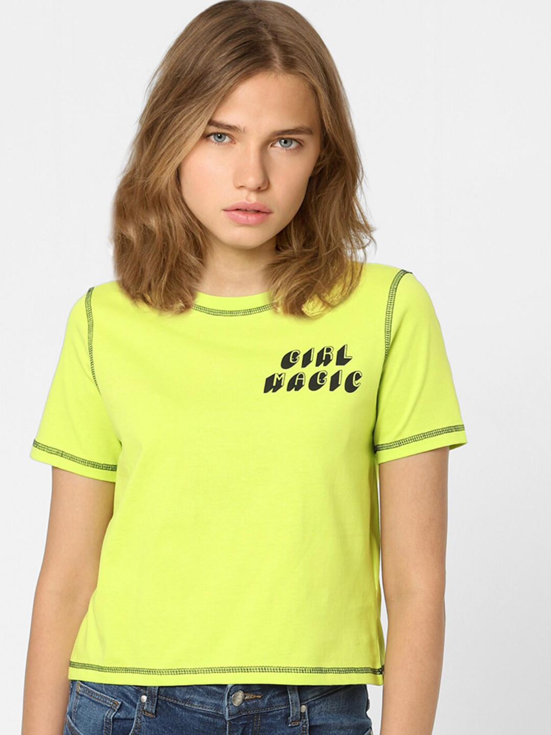 

ONLY Women Lime Green Typography Cotton Knitted T-shirt