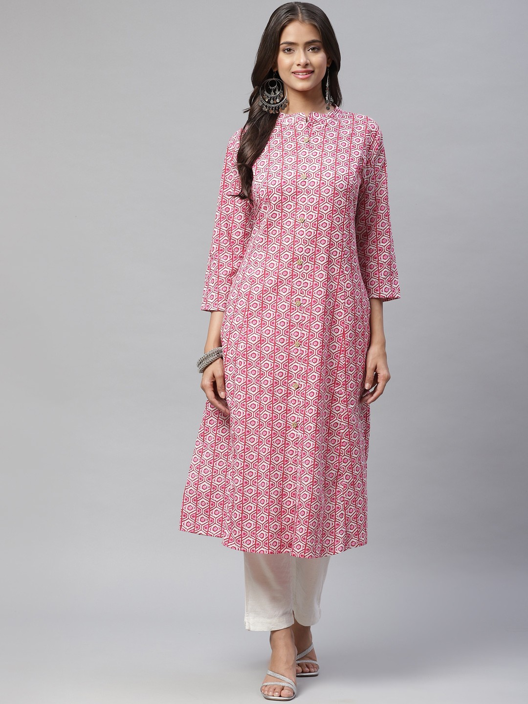

KALINI Women Pink & White Printed Cotton Kurta