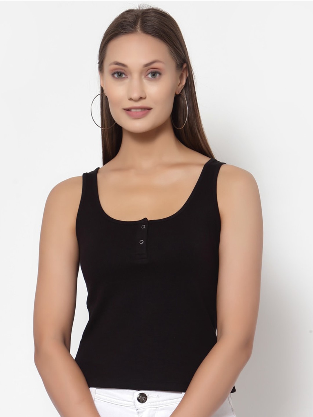 

YOONOY Women Black Solid Pure Cotton Tank Top