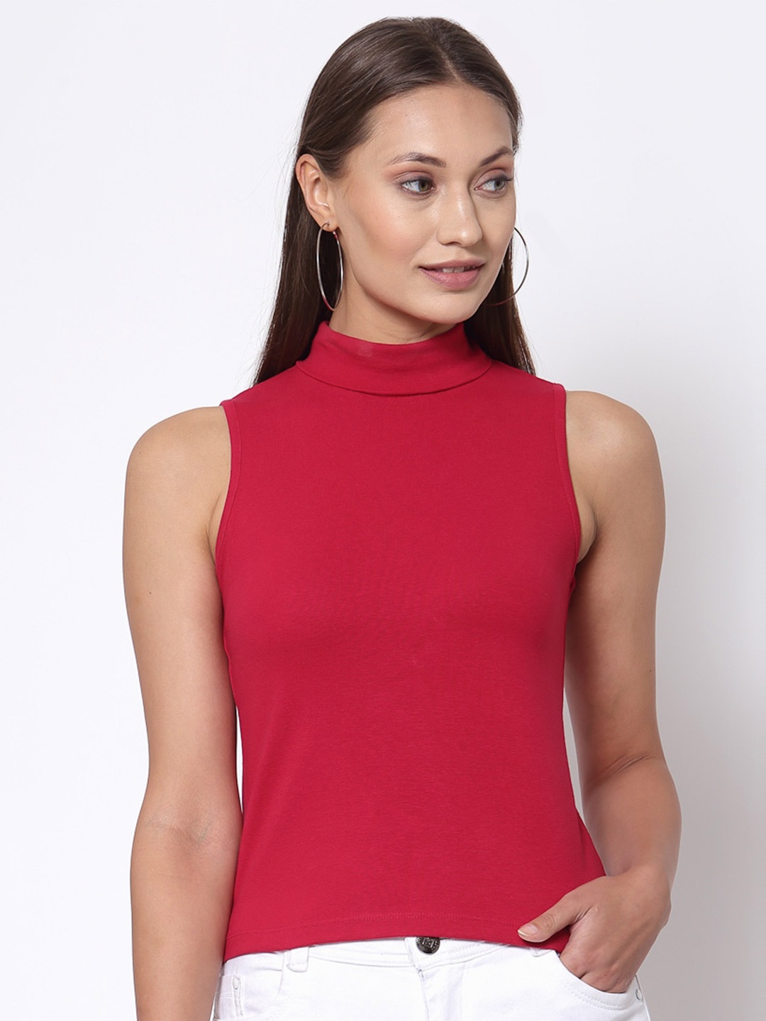 

YOONOY Women Red Solid High Neck Organic Cotton Top