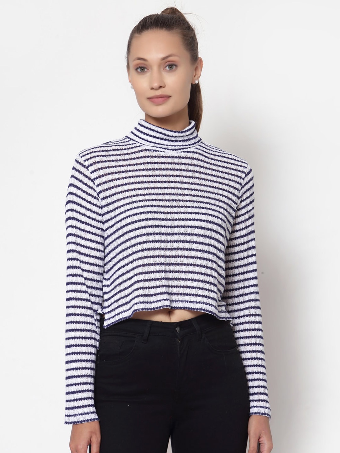 

YOONOY White & Navy Blue Striped Crop Top
