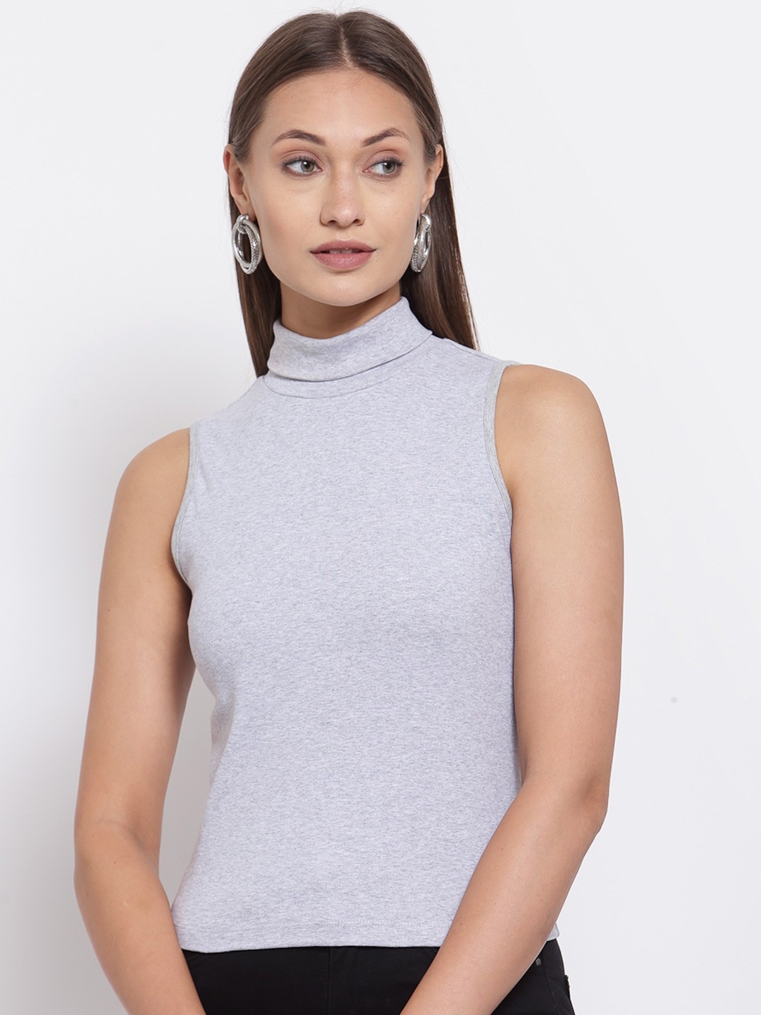

YOONOY Women Grey Solid High Neck Organic Cotton Top