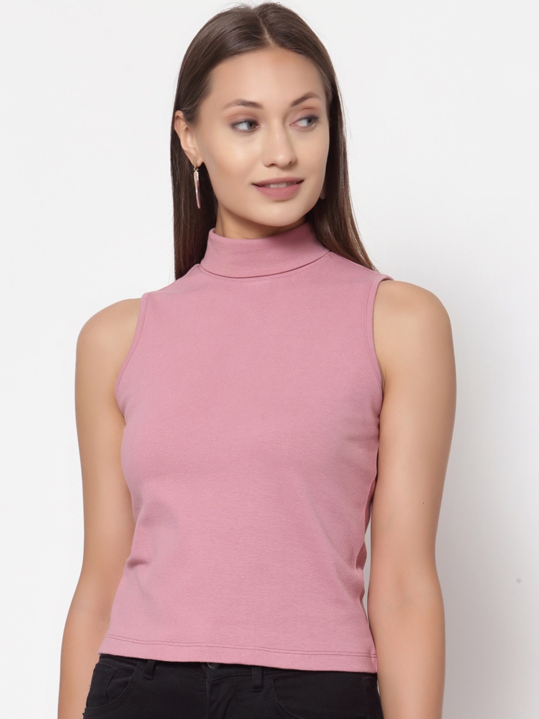 

YOONOY Women Pink Solid High Neck Organic Cotton Fitted Top