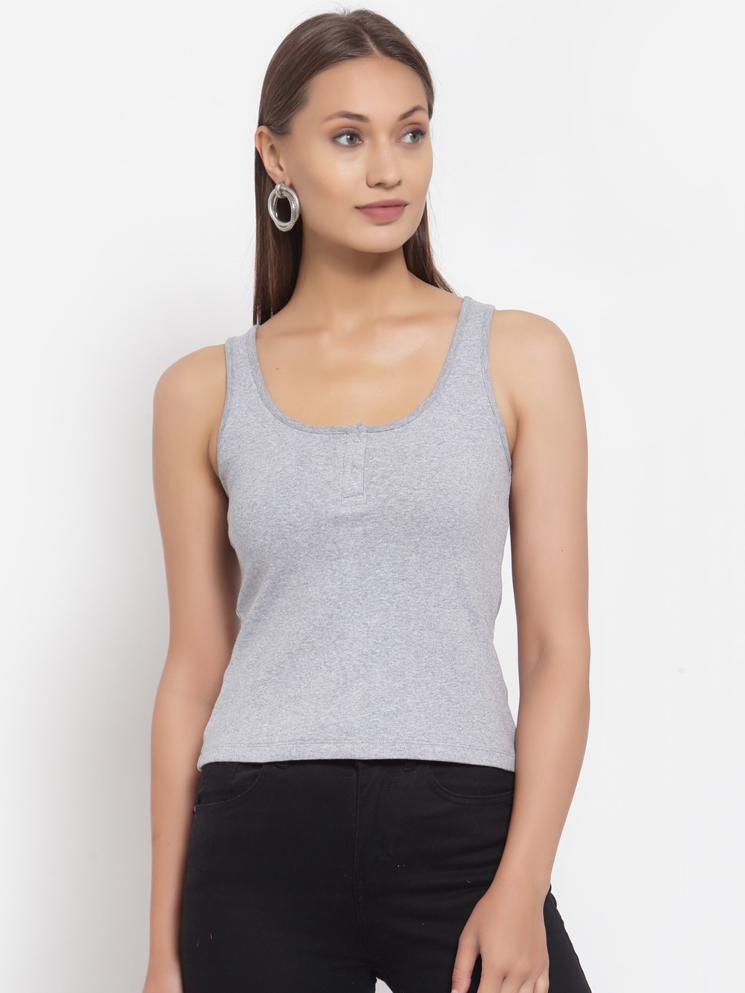 

YOONOY Grey Melange Pure Cotton Tank Top