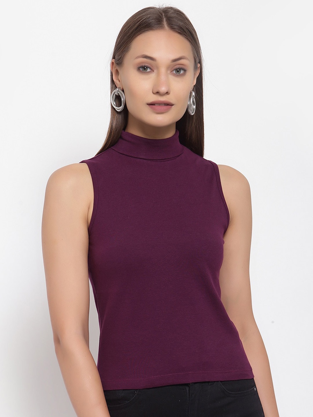 

YOONOY Women Purple Stretchable High Neck Sleeveless Organic Cotton Rib Top
