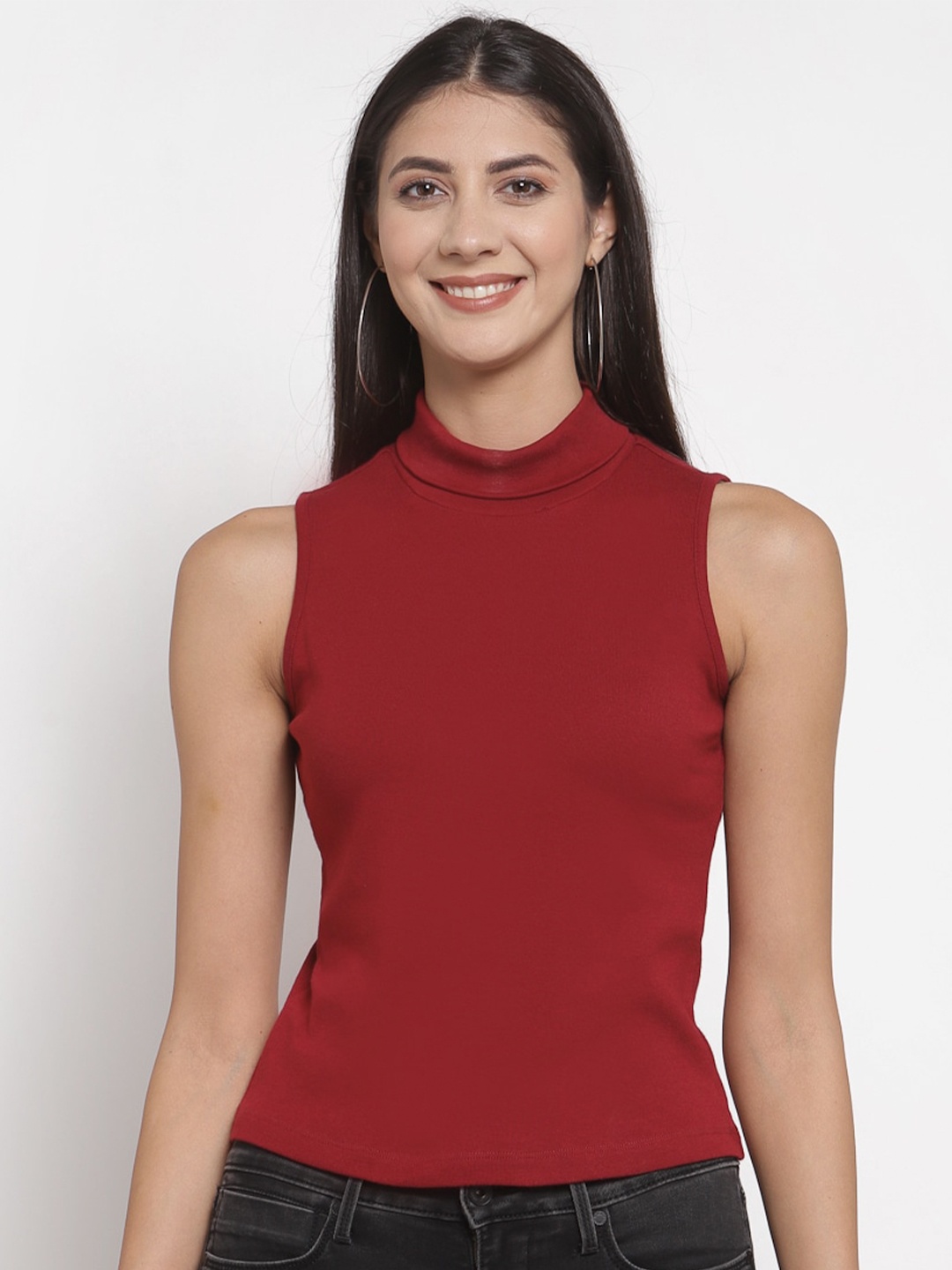 

YOONOY Women Maroon Solid High Neck Organic Cotton Fitted Top