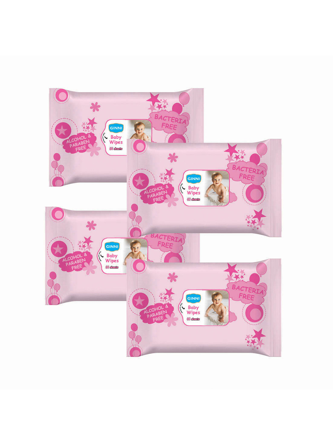 

Ginni Set of 4 Baby Wet Wipes with Aloe Vera & Jojoba Oil - 60 Wipes Each, Pink