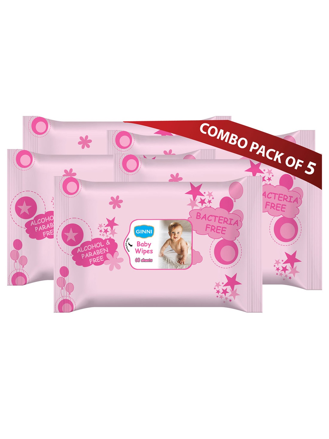 

Ginni Set of 5 Baby Wet Wipes with Aloe Vera & Jojoba Oil - 60 Wipes Each, Pink