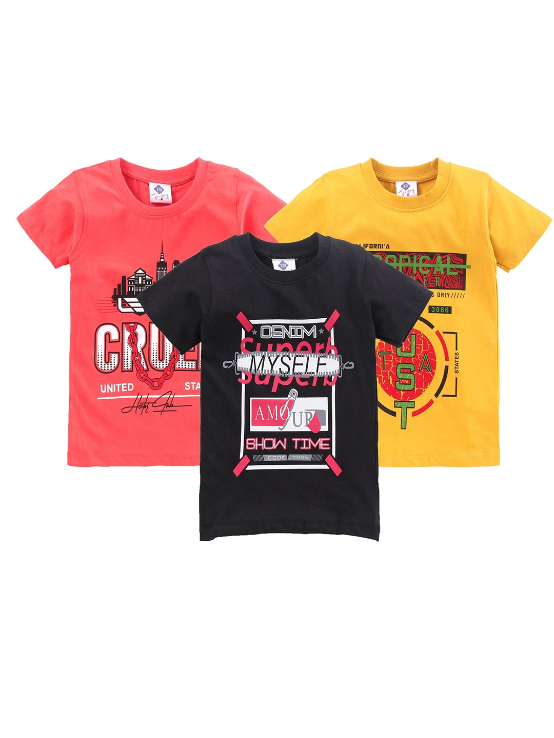 

TONYBOY Boys Black & Yellow Typography 3 Printed T-shirt