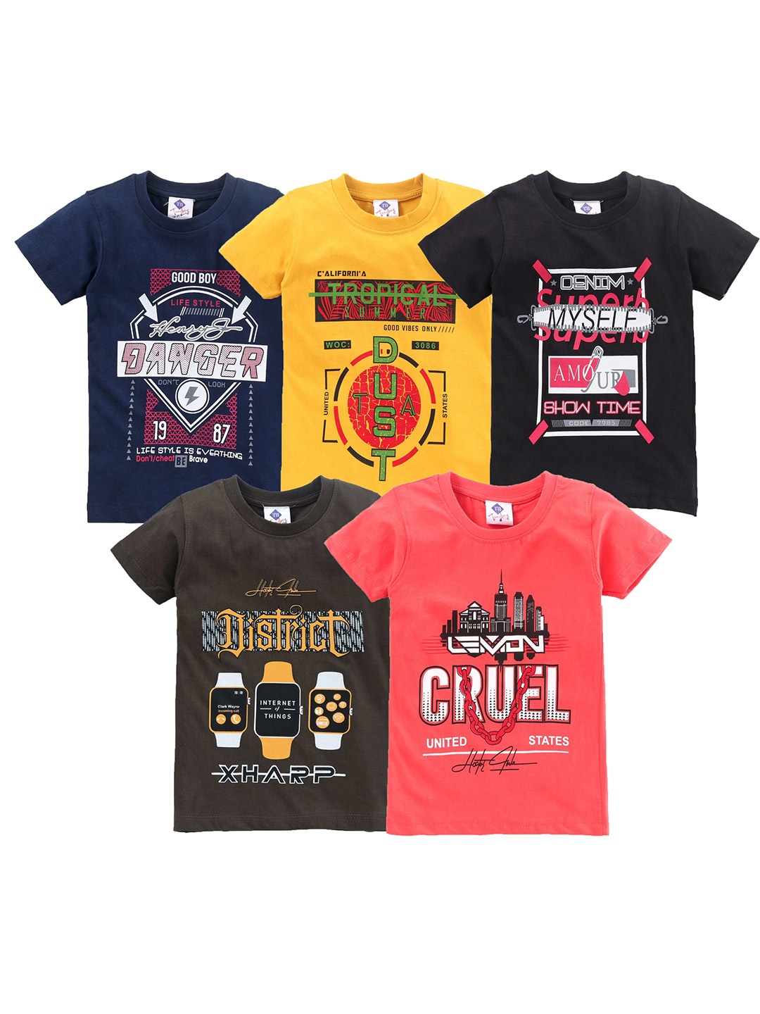 

TONYBOY Boys Yellow & Peach-Coloured Typography 5 Printed T-shirt