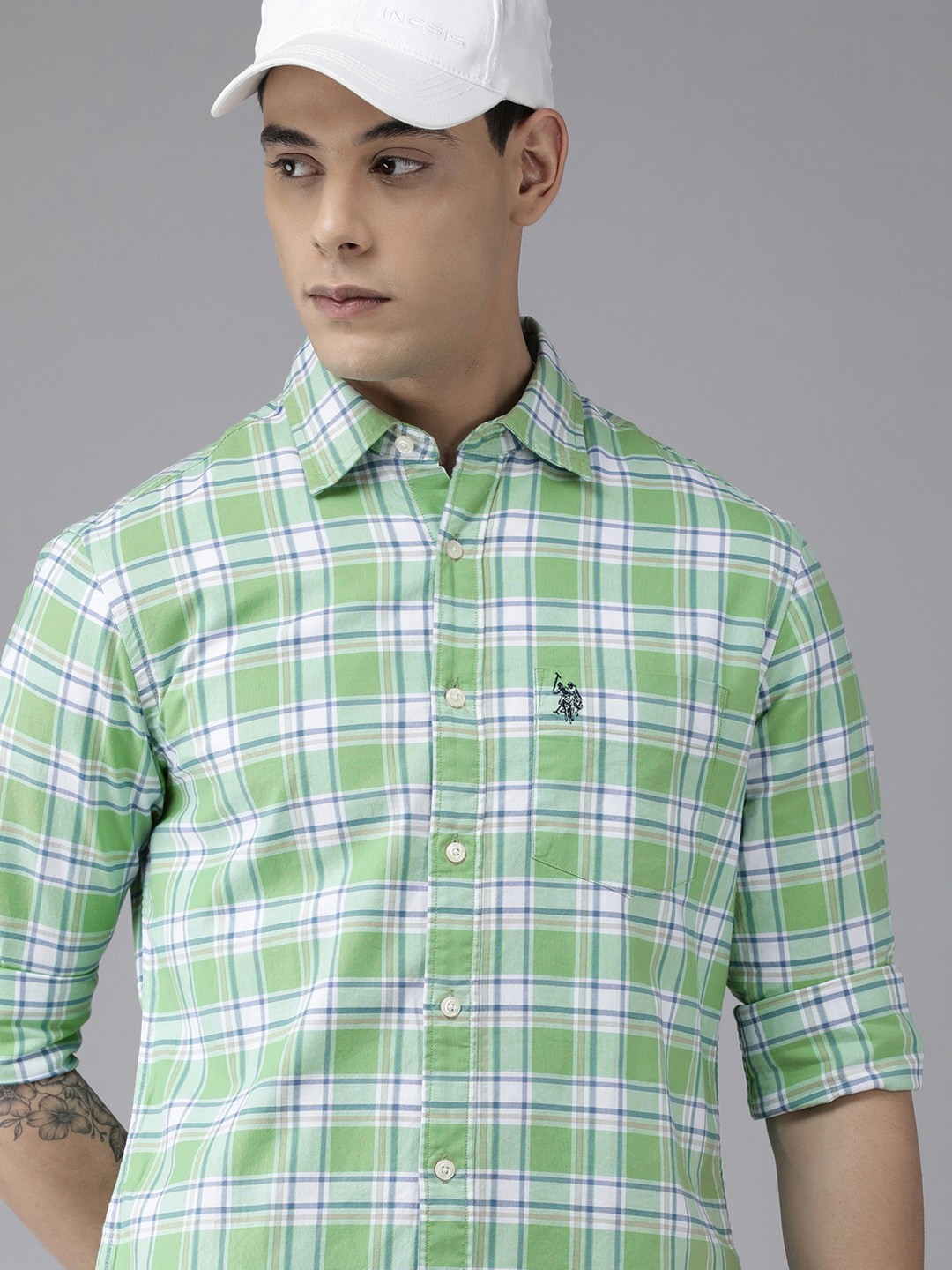 

U S Polo Assn Men Green & White Tailored Fit Checked Pure Cotton Casual Shirt