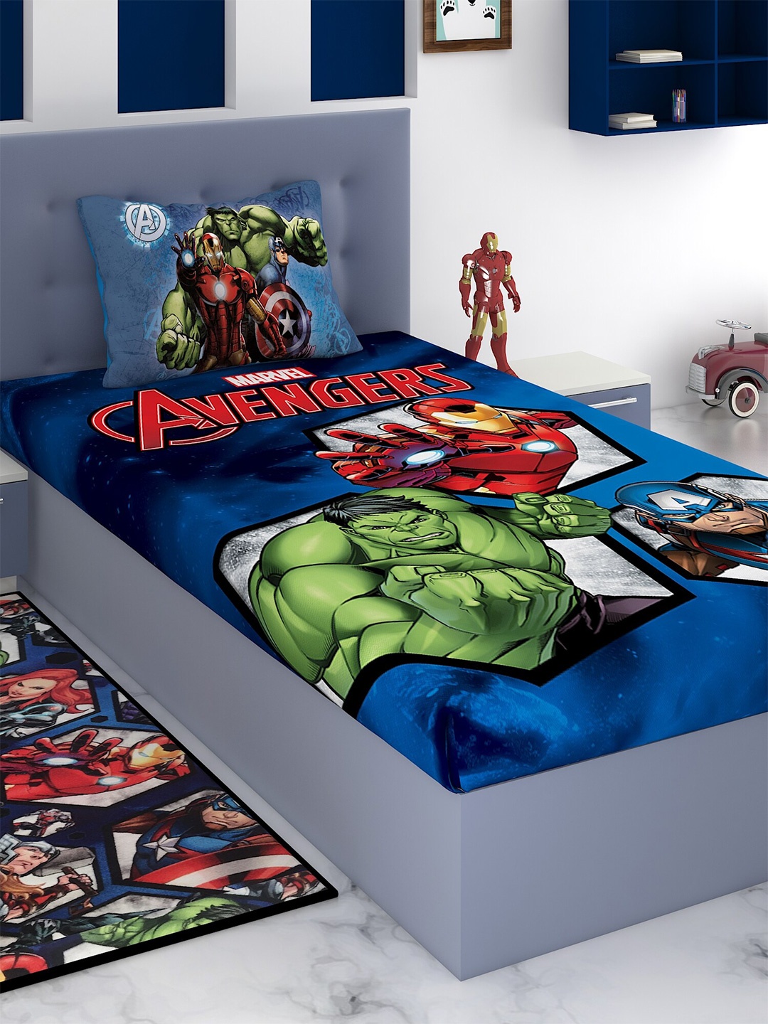 

Marvel Blue & Red Cartoon Characters 180 TC Cotton Single Bedsheet with 1 Pillow Covers