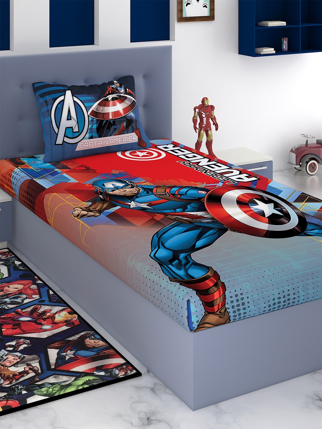 

Marvel Red & Blue Cartoon Characters 180 TC Cotton Single Bedsheet with 1 Pillow Covers