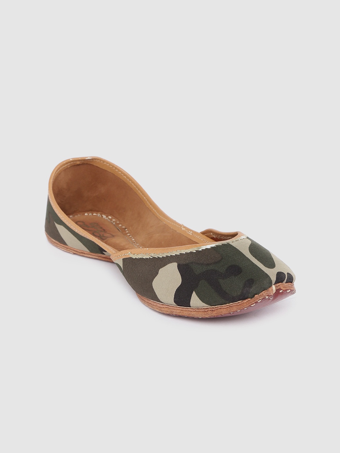 

Ekta Women Green Camouflage Printed Leather Mojaris