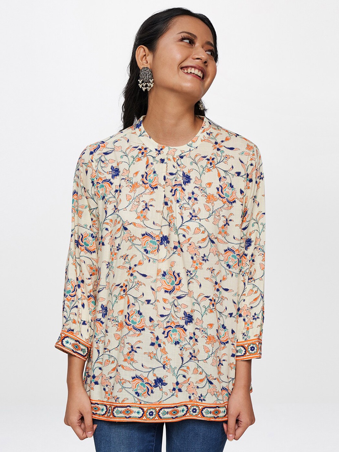 

Global Desi Off White & Orange Floral Print Mandarin Collar Top