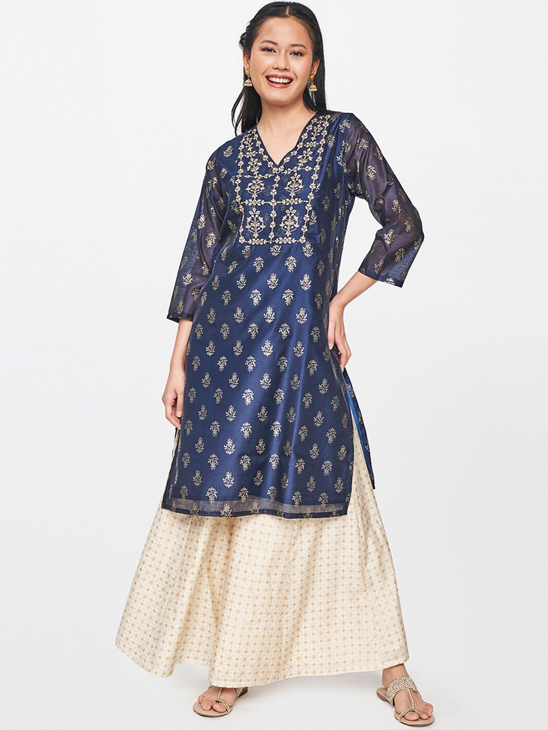 

Global Desi Women Blue Ethnic Motifs Printed Kurta