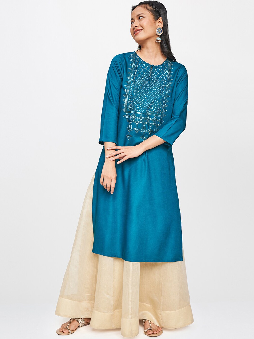 

Global Desi Women Teal Blue Ethnic Motifs Printed Kurta