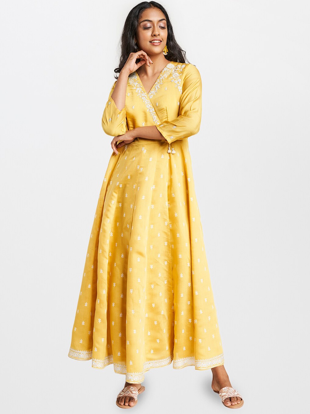 

Global Desi Women Mustard Yellow Ethnic Motifs Embroidered Gotta Patti Anarkali Kurta