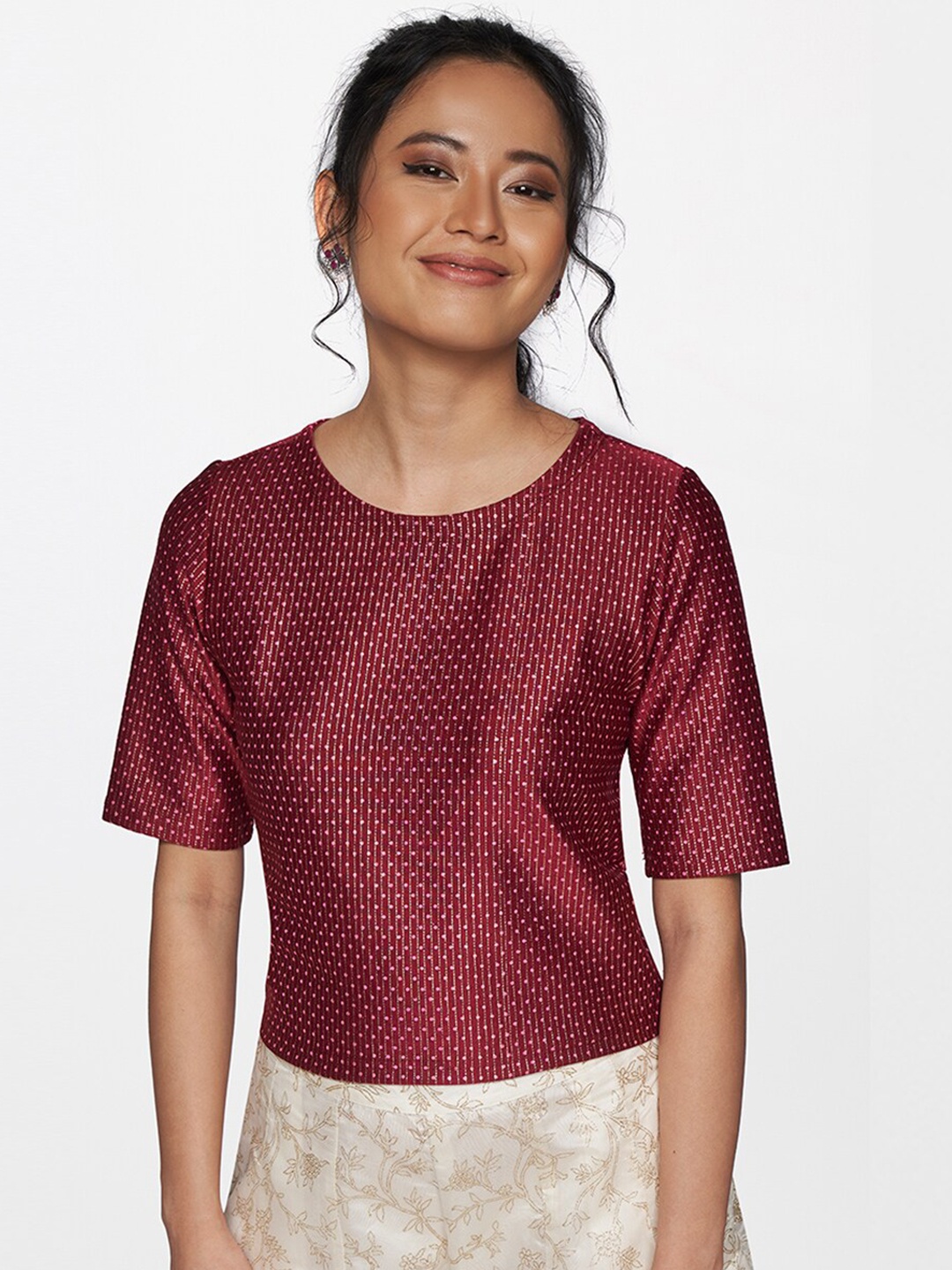 

Global Desi Maroon Sequinned Embellished Top