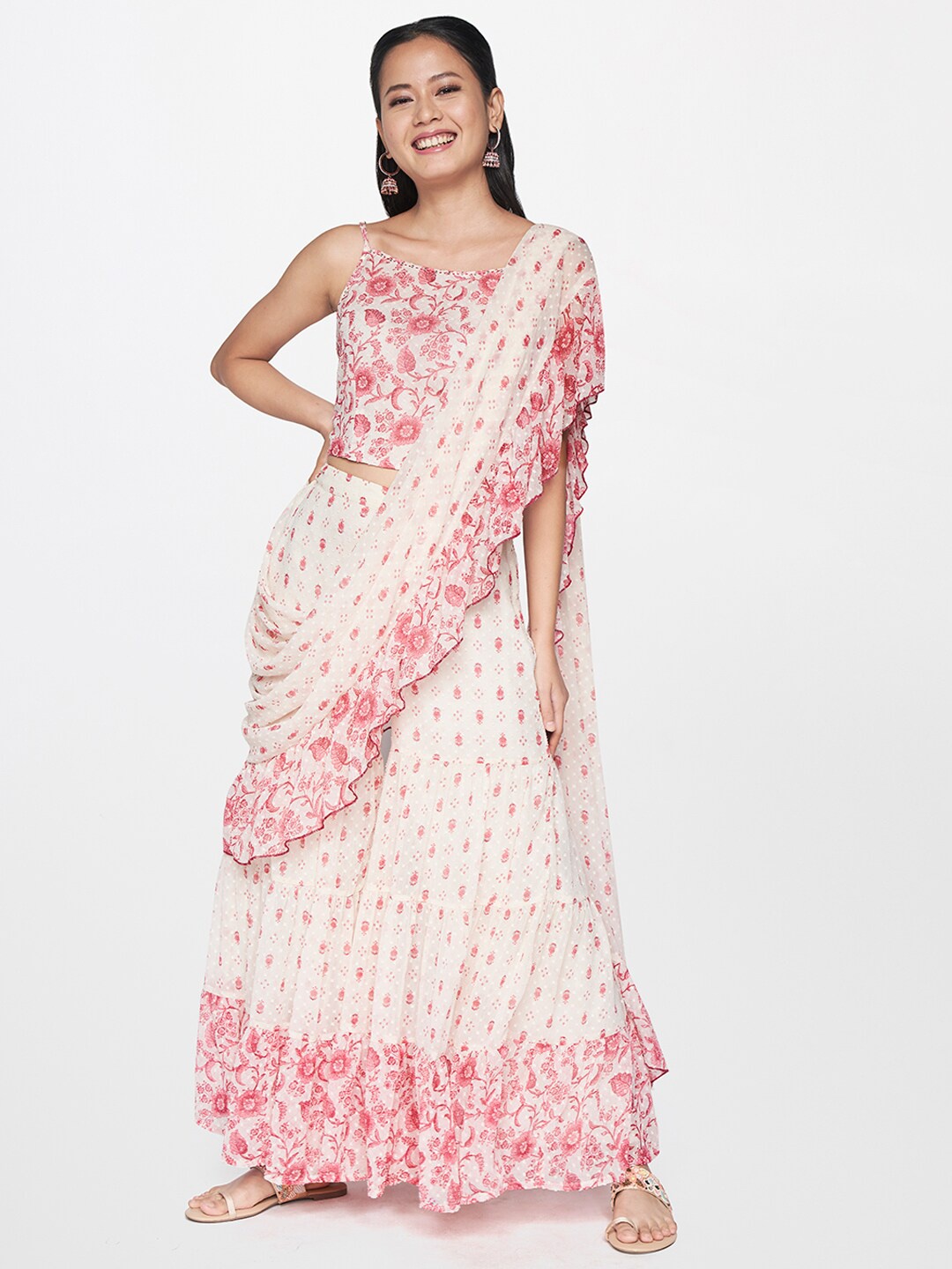

Global Desi Pink & White Floral Ruffle Saree