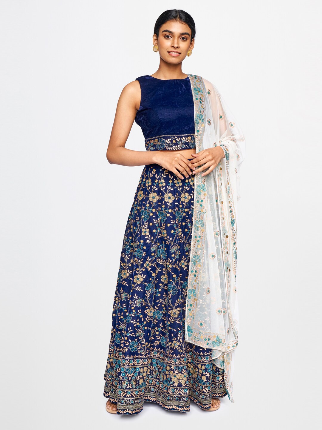 

Global Desi Women Blue & Golden Embellished Lehenga Choli With Dupatta