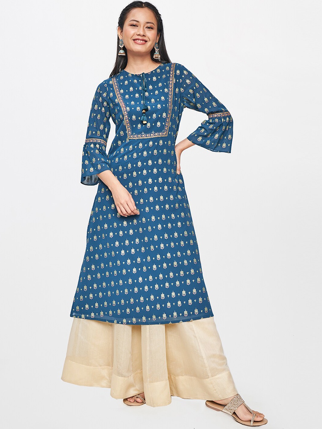 

Global Desi Women Sea Green Ethnic Motifs Printed Keyhole Neck Gotta Patti Kurta
