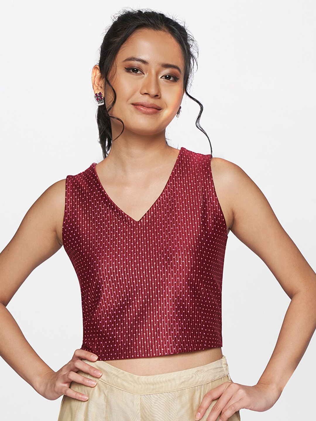 

Global Desi Maroon Sequinned Embellished Top