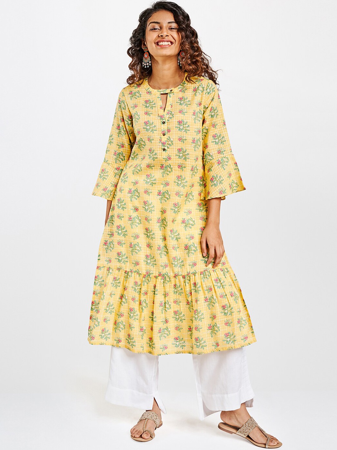 

Global Desi Women Mustard Yellow & Green Floral Checked Keyhole Neck Kurta