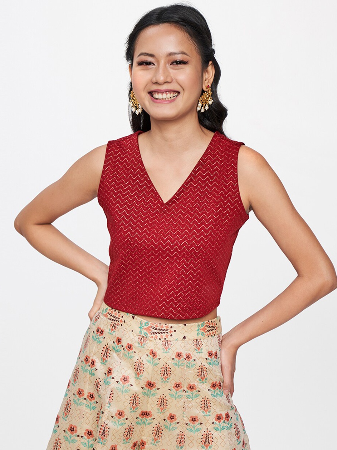 

Global Desi Maroon & Orange Geometric Print Top