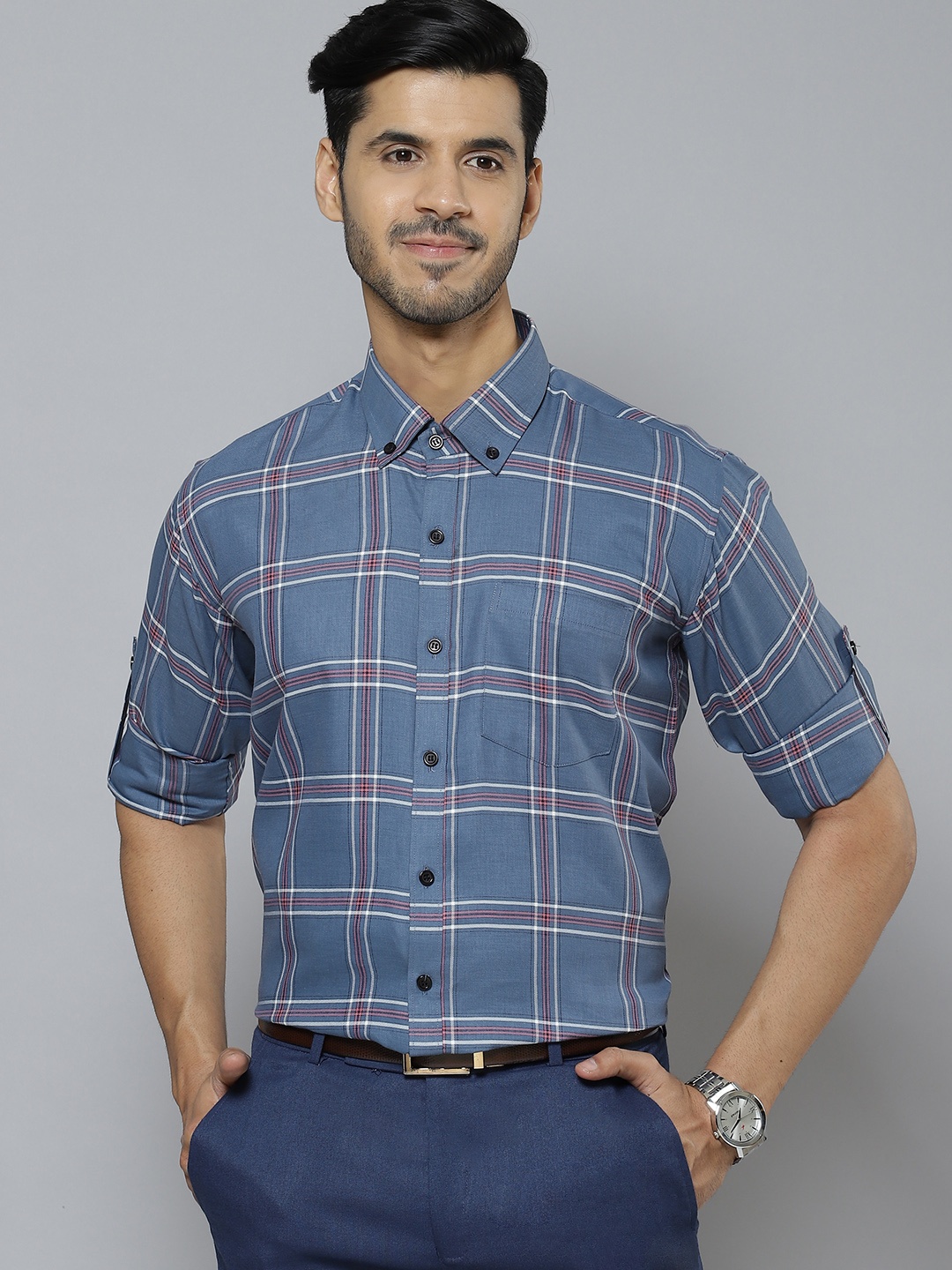 

DENNISON Men Blue & Pink Smart Slim Fit Checked Formal Shirt