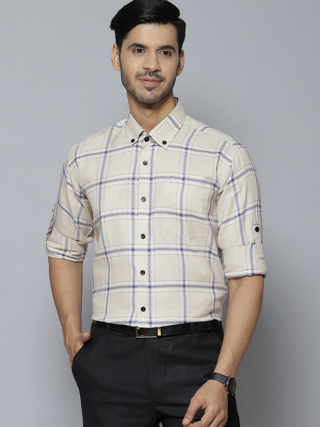 

DENNISON Men Cream-Coloured & Blue Smart Slim Fit Checked Formal Shirt