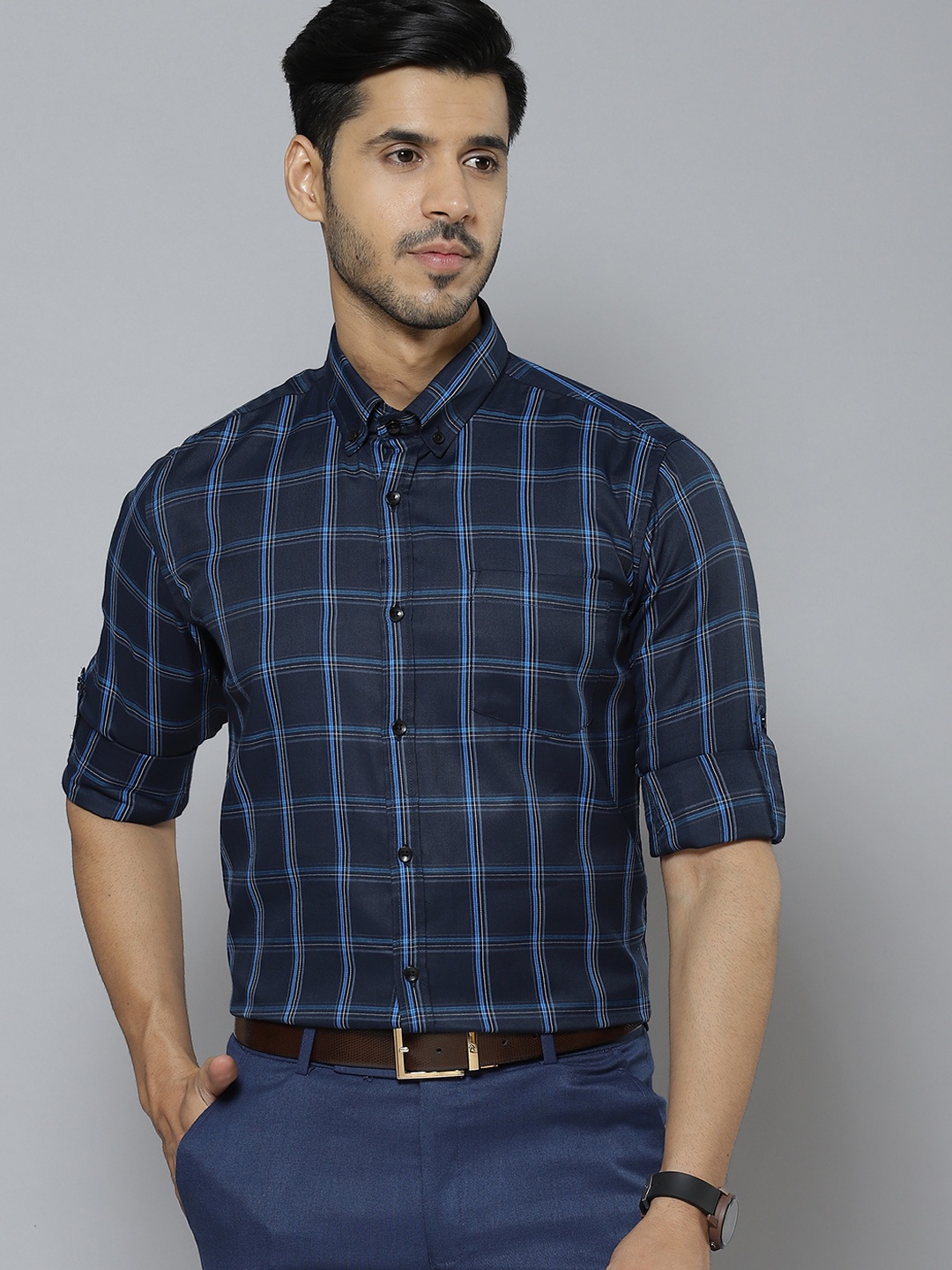 

DENNISON Men Blue & White Smart Slim Fit Checked Twill Weave Cotton Formal Shirt
