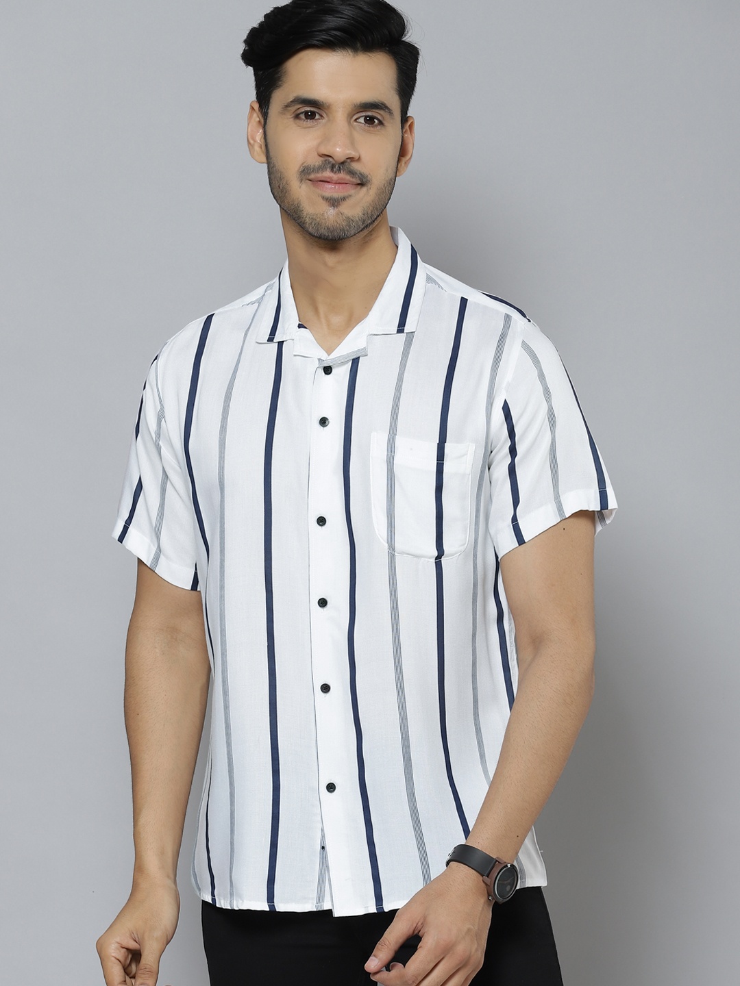 

DENNISON Men White & Black Smart Slim Fit Striped Cotton Casual Shirt