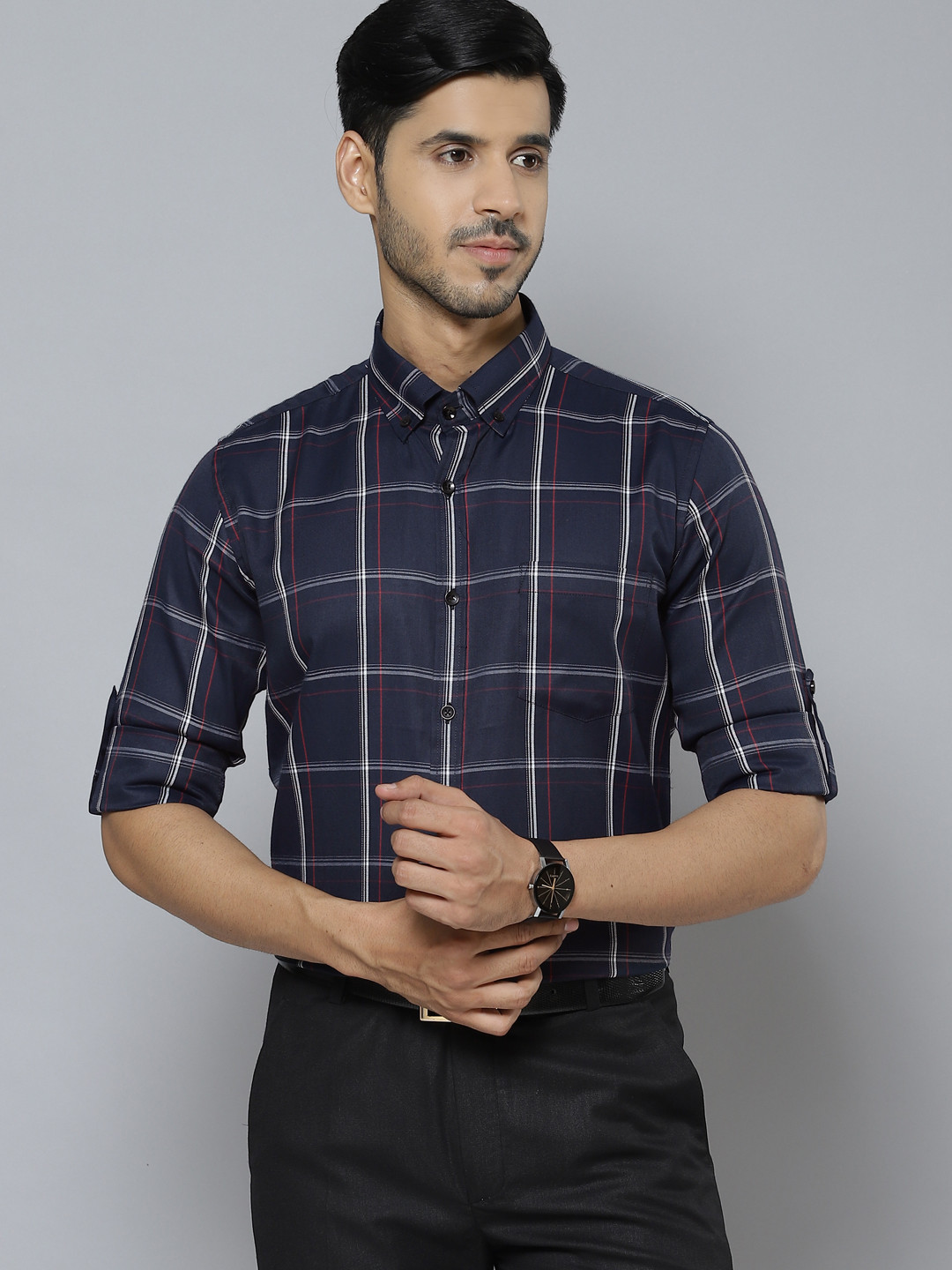 

DENNISON Men Navy Blue & White Smart Slim Fit Checked Formal Shirt