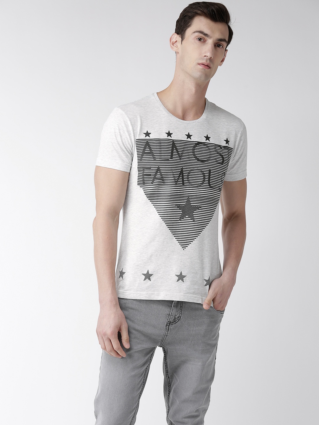 

Flying Machine Men Grey Striped Pure Cotton T-shirt