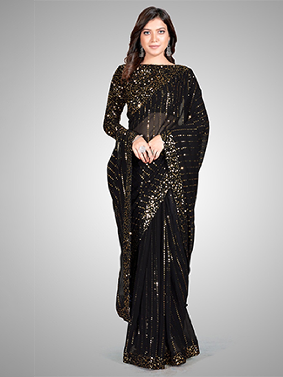 

Mitera Black & Gold-Toned Embellished Sequinned Pure Georgette Saree