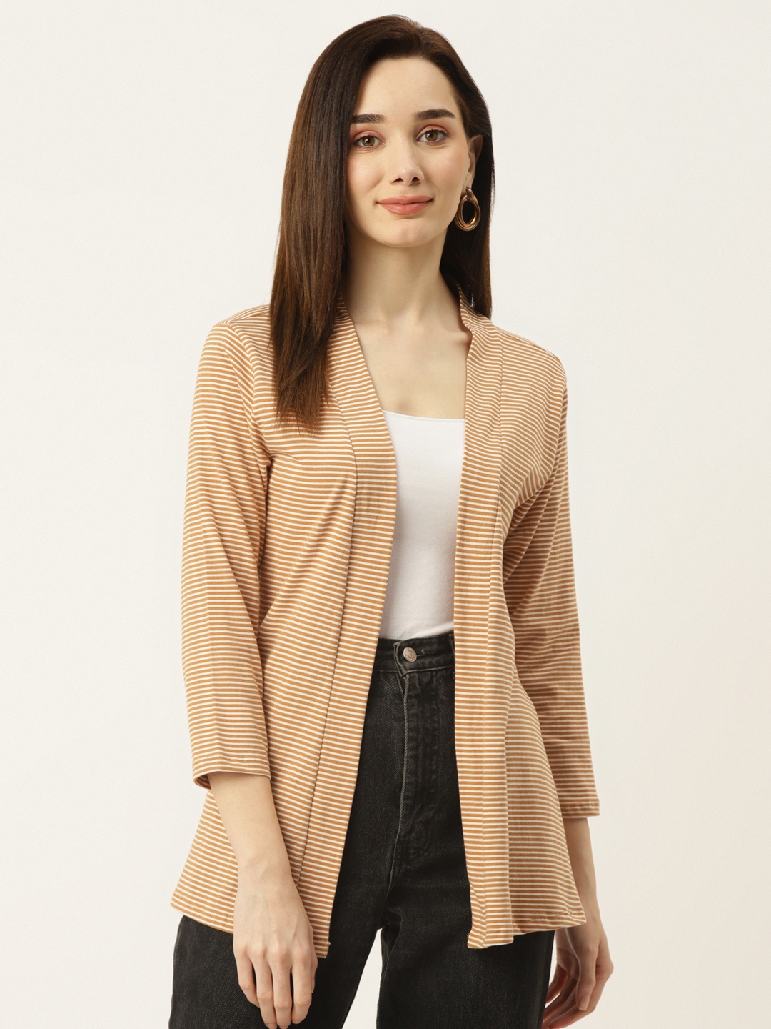 

WISSTLER Women Camel Brown & White Striped Open Front Shrug