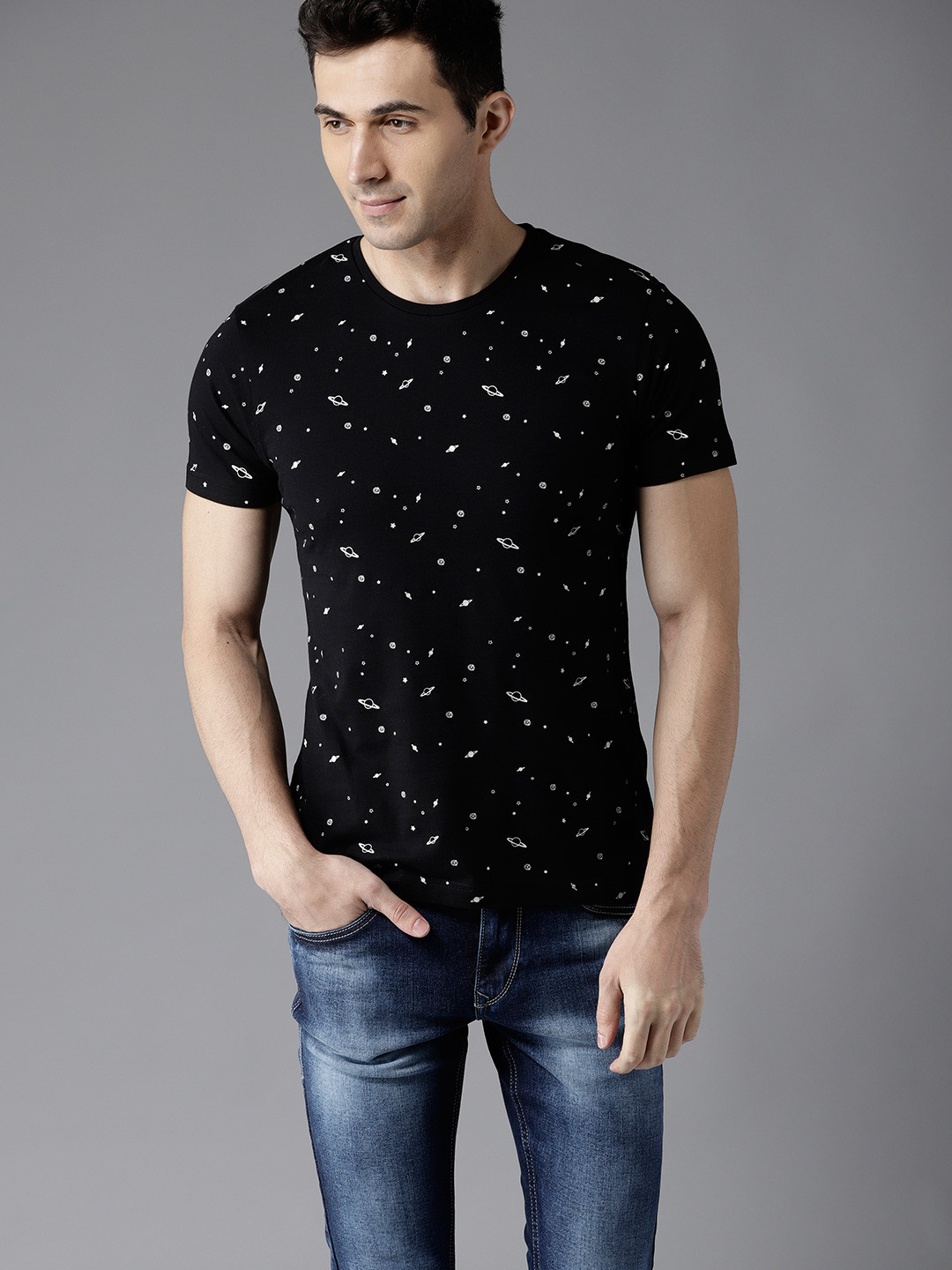 

Flying Machine Men Black Printed Round Neck Pure Cotton T-shirt