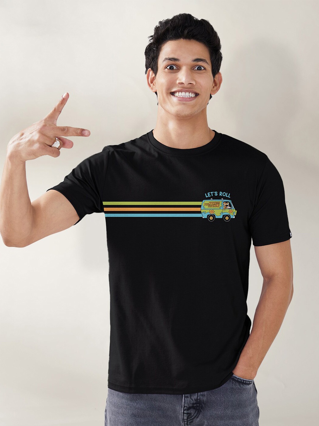 

The Souled Store Men Black Striped Cotton T-shirt